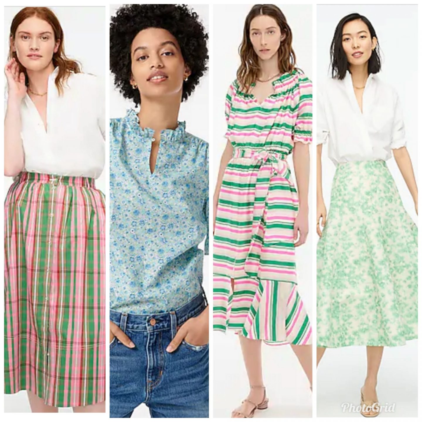 J. Crew New Arrivals by popular Kentucky fashion blog, Really Rynetta: collage image of J. Crew pink tartan skirt, blue floral print ruffle neck shirt, pink and green stripe dress, and green floral print skirt.